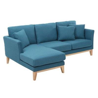 Canapé d'angle gauche scandinave bleu canard déhoussable et bois clair 3-4 places OSLO - L192xP130xH80 - 44116 - 3662275096446