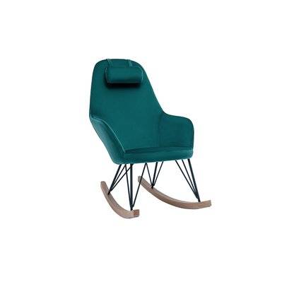 Rocking chair design en tissu velours bleu canard, métal noir et bois clair JHENE - - 47110 - 3662275107623