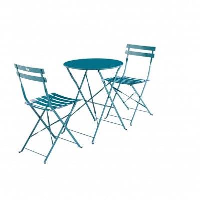 Salon de jardin bistrot pliable - Emilia rond bleu canard - Table ronde Ø60cm avec deux chaises pliantes. acier thermolaqué - 3760247266405 - 3760247266405