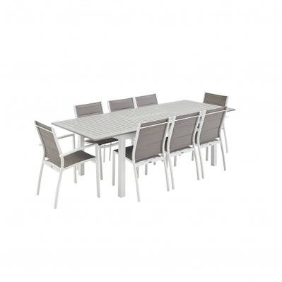 Salon de jardin - Chicago Blanc / Taupe - Table extensible 175/245cm avec rallonge et 8 assises en textilène - 3760216539059 - 3760216539059