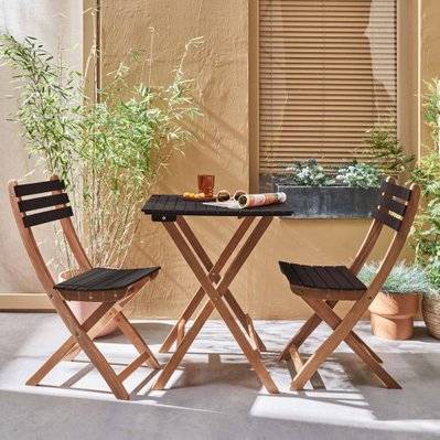 Table de jardin bistrot en bois 60x60cm - Barcelona Bois / Noir -  pliante bicolore carrée en acacia avec 2 chaises pliables - 3760247267068 - 3760247267068