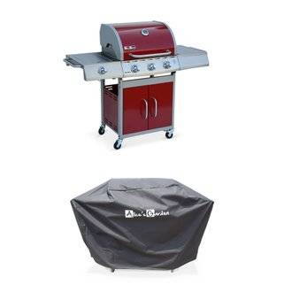 Barbecue gaz inox 14kW – Richelieu rouge – Barbecue 3 brûleurs + 1 feu latéral. côté grill et côté plancha. housse de protection