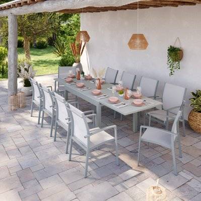 Table de jardin extensible aluminium 135/270cm + 10 fauteuils empilables textilène gris - ANDRA - GR-T135270G-10CH012G - 3664380001292