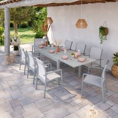 Table de jardin extensible aluminium 135/270cm + 8 fauteuils empilables textilène gris - ANDRA - GR-T135270G-8CH012G - 3664380001278