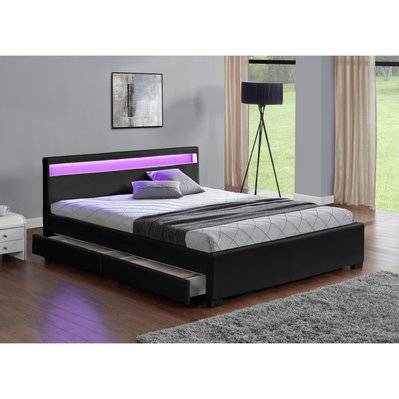 Cadre de lit en simili noir avec rangements et LED intégrées 140x190 cm ENFIELD - 195177 - 3662819099346