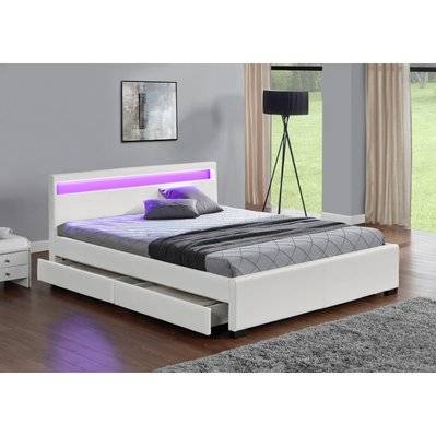 Cadre de lit en simili blanc avec rangements et LED intégrées 140x190 cm C - 195176 - 3662819099339