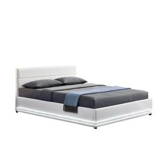 Lit New York - Structure de lit en PU Blanc avec rangements et LED intégrées - 140x190 cm