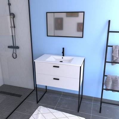 Ensemble meuble de salle de bain - Blanc avec pieds style industriel - 2 tiroirs - vasque blanche - LAV608 - 3700710240044