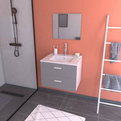 Meuble salle de bain 60 cm suspendu 2 tiroirs Gris avec vasque et miroir - BOX-IN 60 GREY - LAV503 - 3700710234609