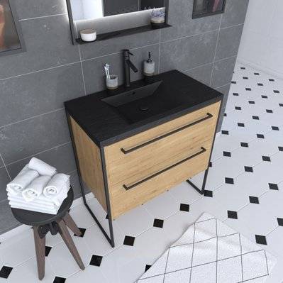 Meuble de salle de bain 80x50cm chêne brun - 2 tiroirs chêne brun- vasque résine noire effet pierre - PACM104 - 3700710244967