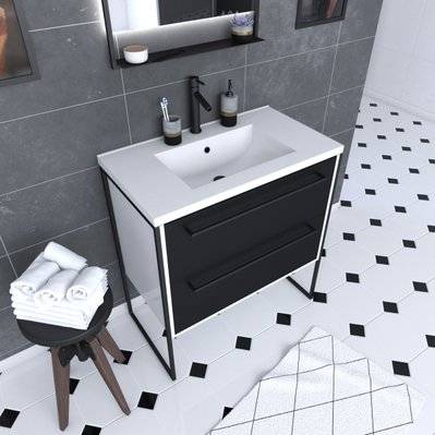 Meuble de salle de bain 80x50cm Blanc - 2 tiroirs noir mat - vasque résine blanche - STRUCTURA P021 - PACM021 - 3700710244646