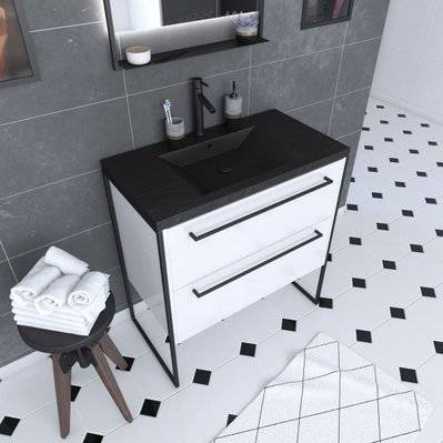Meuble de salle de bain 80x50cm Blanc - 2 tiroirs blanc - vasque resine noire effet pierre - PACM016 - 3700710244615
