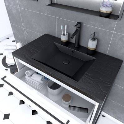 Meuble de salle de bain 80x50cm Blanc - 2 tiroirs blanc - vasque resine noire effet pierre - PACM016 - 3700710244615