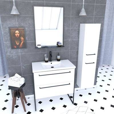 Pack meuble de salle de bain 80x50cm Blanc - 2 tiroirs blanc - vasque blanche + miroir noir mat - PACM014 - 3700710244622