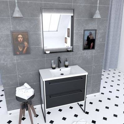 Pack meuble de salle de bain 80x50 cm Blanc - 2 tiroirs - vasque resine blanche - miroir LED - PACM022 - 3700710244653