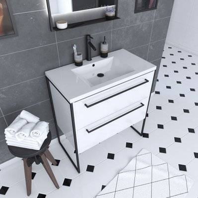 Meuble de salle de bain 80x50cm Blanc - 2 tiroirs - vasque resine blanche - pieds et poignées - PACM010 - 3700710243526