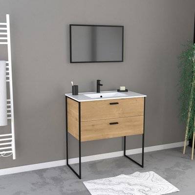 Ensemble meuble de salle de bain 80x45cm style industriel couleur chene naturel - vasque blanche - LAV574 - 3700710239413