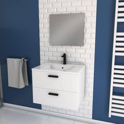 Meuble salle de bain 60 cm suspendu 2 tiroirs Blanc avec vasque et miroir - BOX-IN 60 WHITE - LAV502 - 3700710234593