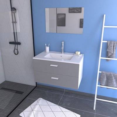 Meuble salle de bain 80 cm monte suspendu gris H46xL80xP45cm - avec tiroirs - vasque et miroir - LAV505 - 3700710234623