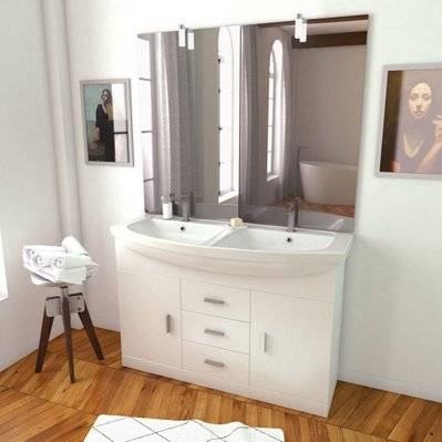 Meuble de salle de bain blanc double vasque 120cm sur pied + vasque ceramique blanche + miroir led - LAV302 - 3700710218227