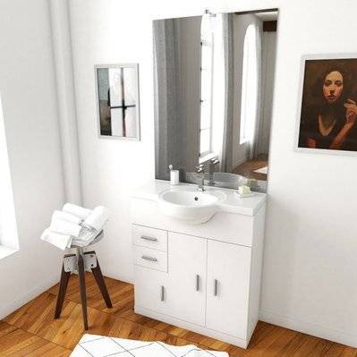 Meuble salle de bain blanc 80 cm sur pied + vasque ceramique blanche + miroir led - LAV301 - 3700710218180