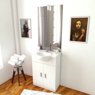 Meuble salle de bain blanc 60 cm sur pied + vasque ceramique blanche + miroir applique led - LAV300 - 3700710218142