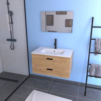Meuble salle de bain 80 cm monte suspendu decor bois H46xL80xP45cm - avec tiroirs - vasque et miroir - LAV575 - 3700710239505