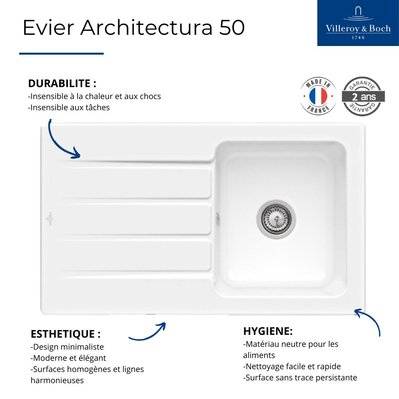 Evier 86 x 51 cm VILLEROY ET BOCH Architectura 50 Blanc - 33501001 - 4051202496975