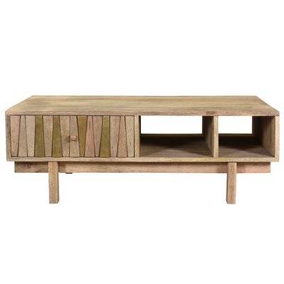 Table basse rectangulaire avec rangements bois manguier massif gravé et laiton L100 cm ZAIKA - L100xP60xH34 - 47171 - 3662275110586