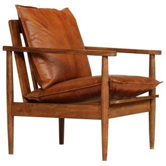 Fauteuil chaise siège lounge design club sofa salon cuir véritable avec bois d'acacia marron 1102146/3