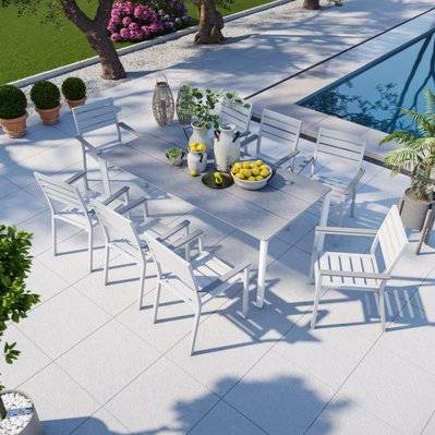 Table de jardin aluminium blanc bois composite gris + 8 fauteuils empilables - LENA - HT-T003BG-8CH003BG - 3664380002596