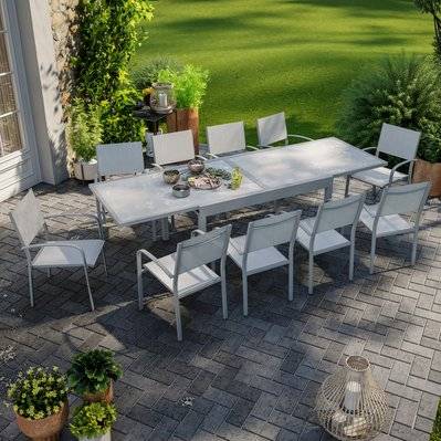 Table de jardin extensible aluminium 270cm + 10 fauteuils empilables textilène gris - LIO 10 - GR-LIO-10F014GG - 3664380003081