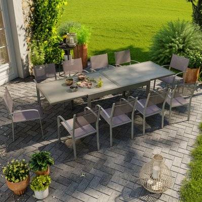 Table de jardin extensible aluminium 270cm + 10 fauteuils empilables textilène gris taupe - LIO 10 - GR-LIO-10F014GT - 3664380003043