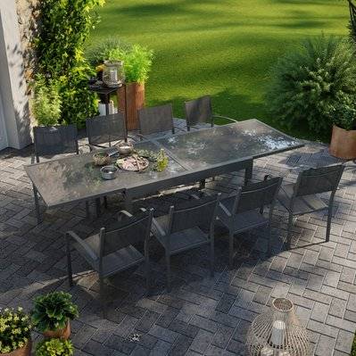 Table de jardin extensible aluminium 270cm + 8 fauteuils empilables textilène anthracite - LIO 8 - GR-LIO-8F014NN - 3664380003074