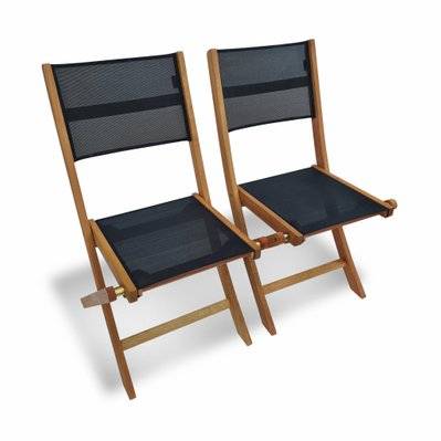 Chaises de jardin en bois et textilène - Almeria noir - 2 chaises pliantes en bois d'Eucalyptus  huilé et textilène - 3760287188927 - 3760287188927