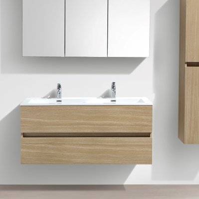 Meuble salle de bain design double vasque SIENA largeur 120 cm chêne clair texturé - A-1200-CAB-RLOAK/A-1200-BAS - 3760282662835