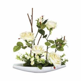 Composition de fleurs artificielles Roses - H. 36,5 cm - Coupelle céramique