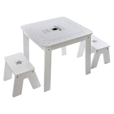 Table bureau avec tabourets enfant Douceur - L. 57 x H. 51 cm - Blanc et gris - 512693 - 3560239688501