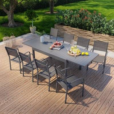 Table de jardin extensible en aluminium 270cm + 8 fauteuils empilables textilène anthracite - MILO 8 - GR-MILO-8F014NN - 3664380003166