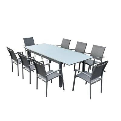 Table de jardin extensible aluminium anthracite 180/240cm + 8 fauteuils empilables textilène - ANIA - LA-T180240N-8CH004N - 3664380003265