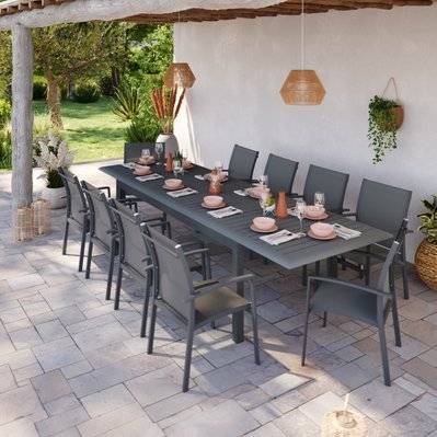 Table de jardin extensible aluminium 220/320cm + 10 Fauteuils empilables textilène Gris Anthracite - ANDRA XL - GR-T220320N-10CH012N - 3664380001315
