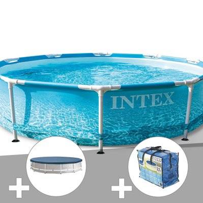 Kit piscine tubulaire Intex Metal Frame Ocean ronde 3,05 x 0,76 m + Bâche de protection + Bâche à bulles - 29585 - 3665872012857