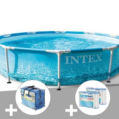Kit piscine tubulaire Intex Metal Frame Ocean ronde 3,05 x 0,76 m + Bâche à bulles + 6 cartouches de filtration - 29589 - 3665872012697