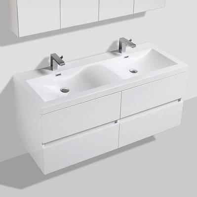 Meuble salle de bain design double vasque SIENA largeur 144 cm blanc laqué - A-1440-CAB-HGWHITE/A-1440-BAS - 3760253898409