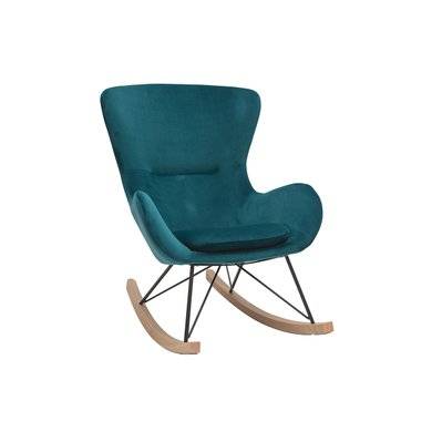 Rocking chair design en tissu velours gaufré bleu canard, métal noir et bois clair ESKUA - - 47947 - 3662275112870