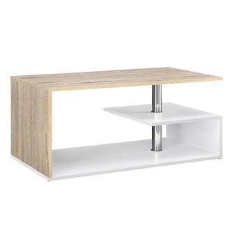Table basse de salon avec étagère rangement en MDF 90 cm blanc et chêne 03_0004157