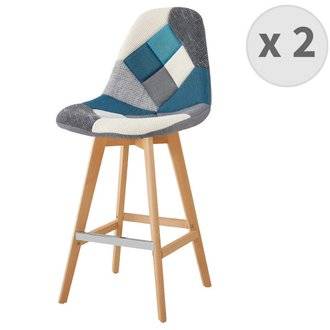 OWEN - Chaise de bar scandinave tissu patchwork bleu pieds hêtre (x2)