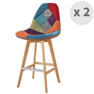 OWEN - Chaise de bar scandinave tissu patchwork rouge pieds hêtre (x2)