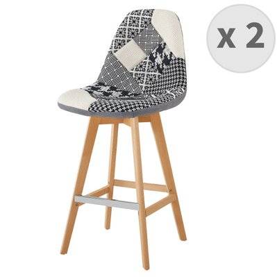 OWEN - Chaise de bar tissu scandinave patchwork noir pieds hêtre (x2) - 2164 - 3701139520700