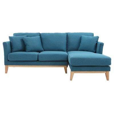 Canapé d'angle droit déhoussable 4 places en tissu bleu canard et bois clair OSLO - L192xP130xH80 - 41591 - 3662275072648